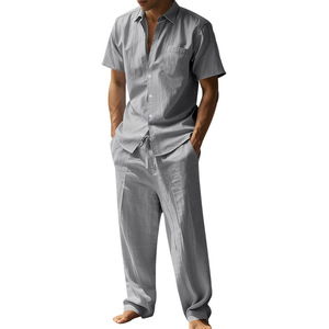 New European and American Style <strong>Men's</strong> <strong>Linen</strong> Casual Solid Color Short-sleeved <strong>Shirt</strong> and Trouser Suit, Summer <strong>Linen</strong> Material - Product Image 4