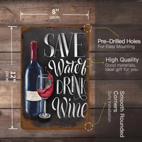 Letrero Metálico Decorativo de Pared con Diseño de Botella de Vino y Copa, para Ahorrar Agua y Beber Vino, Ideal para el Hogar, Bar, Cocina, Cafetería