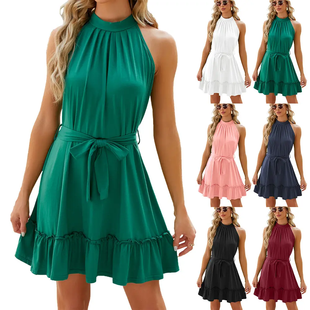 D718 Damen Sommer Chiffon weißes Strand-Wrap-Kleid V-Ausschnitt elastische Taille Damen elegant ärmellos sexy Freizeitkleider Damen