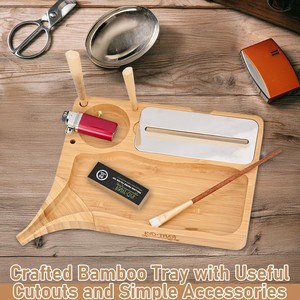 Plateau à cigarettes transfrontalier en bambou et bois, base carrée en bois massif avec entonnoir et plateau de rangement pour tabac. - Product Image 2