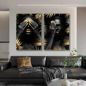 Affiche murale Art déco moderne : Portrait de <span class=keywords><strong>femme</strong></span> africaine maquillée en noir et or sur toile, décoration pour salon et maison - Product Image 3
