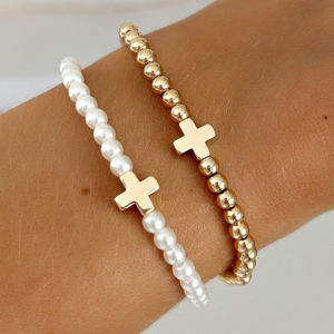 Go2boho - Juego de 2 Pulseras de Piedras Curativas de Hematita con Cruz, Joyería de Moda, Cuentas de Imitación de Perlas con Baño de Oro de 18k para Mujer - Product Image 6