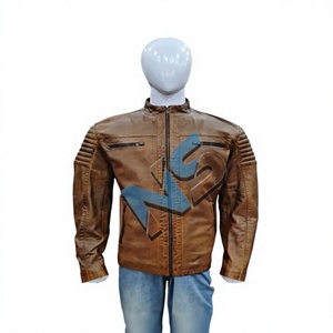 Chaqueta de Motociclista para Hombre, de Cuero Genuino, Delgada, Resistente al Viento, con Cuello Alto, Cierre de Cremallera Frontal, Color Sólido, Largo Regular, para Otoño - Product Image 1