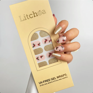 Ongles en gel à presser sans UV pour les fêtes, rouge or pailleté, houx, couverture complète, pour les détaillants saisonniers, salons, boutiques, marque privée - Product Image 1