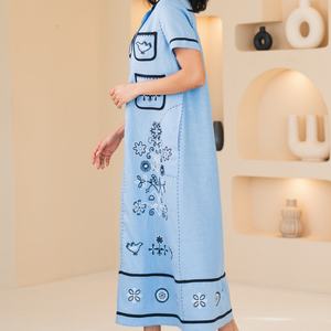 Robe d'été décontractée pour femme en coton et lin, broderie personnalisée, col rabattu, manches courtes, coupe ample, longueur midi - Product Image 2