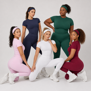 Ensemble de <span class=keywords><strong>yoga</strong></span> 2 pièces pour <span class=keywords><strong>femme</strong></span> avec logo personnalisé, col montant, leggings sans couture avant, haut à manches courtes, effet ventre plat, sensation seconde peau, <span class=keywords><strong>tenue</strong></span> de sport - Product Image 2