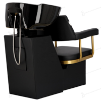 Ensemble de salon de coiffure professionnel de luxe noir de petite taille : Fauteuil de lavage, Fauteuil de barbier, Fauteuil de coiffure, Poste de travail de salon