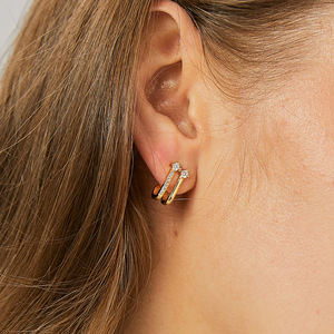 Pendientes Blancos de Doble Capa, Diseño Hueco en Oro Genuino de 18K, con Circonitas Blancas, Unisex, Gran Venta - Product Image 2