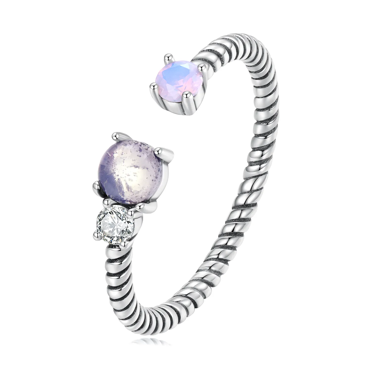 Trendy Gemstone Feminino Twisted Moonstone Ring 925 Sterling Silver Twist Anel Aberto Ajustável para As Mulheres