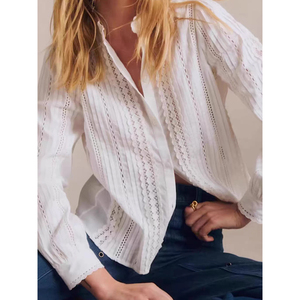 Blusa de Manga Larga Blanca de Estilo Francés para Mujer, con Cuello Alto de Encaje, Adorno de Volantes y Bordado Calado - Product Image 1