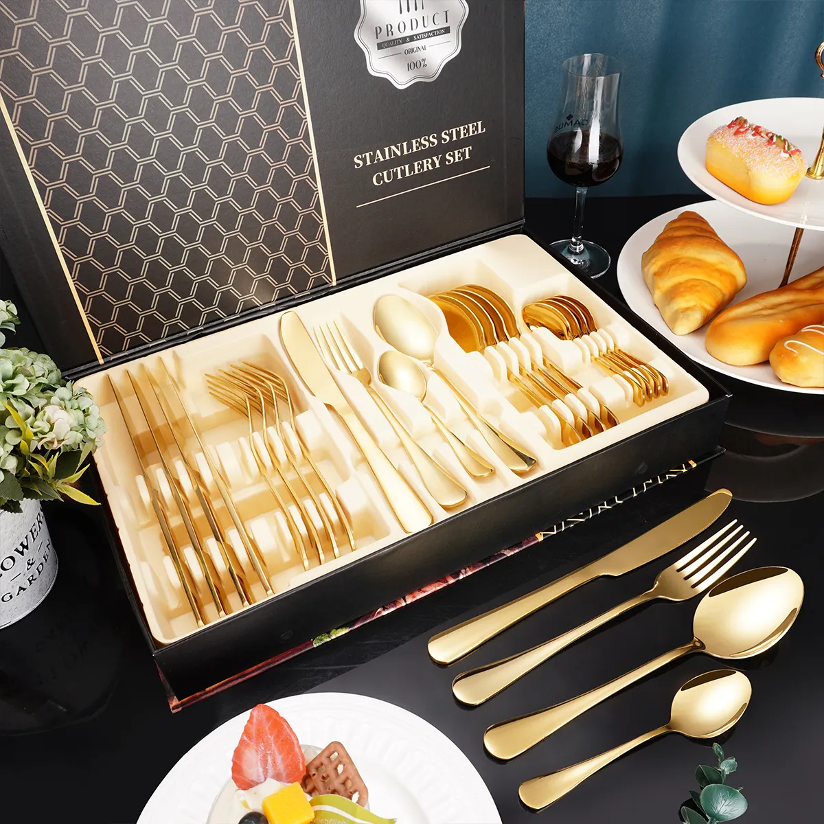 QZQ Wedding Reusable Knife Spoon Fork Silverware Restaurant Stainless Steel Silver Flatware Gold Cutlery Set With Gift Box