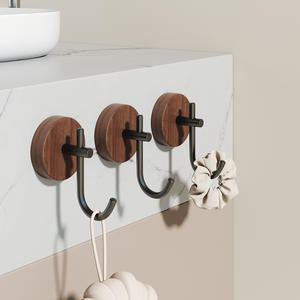 Ganchos de pared retro de madera maciza, redondos, color nogal, adhesivos, sin perforaciones, para baño, cocina, organizador de almacenamiento. - Product Image 1