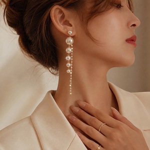 Pendientes Largos de Perlas con Diamantes Simulados, Pendientes de Borla con Perlas, Pendientes Largos de Perlas Chapados en Oro para Mujer - Product Image 3