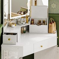 Bureau de maquillage d'angle avec station de charge, miroir et tabouret de rangement, table de maquillage avec tiroirs, étagères rotatives, blanc