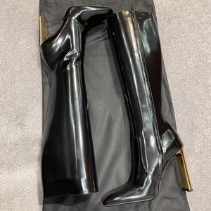 Gold Metal Chunky Heels Long Boots New Trendy Solid Square Toe Women's Knee High Boots Custom Matte Patent <b>Shoes</b> - Product Image 3