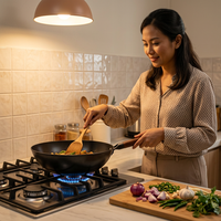 Wok en fonte écologique non revêtue de 30 cm avec poignée en bois et couvercle en verre, pré-assaisonné, antiadhésif, compatible gaz et induction
