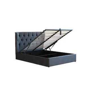 Soft Gebogen Hoge Hoofdeinde Full Size Bed Frame Met Opslag Knop Ontwerp Koningin Platform Bed Met Opslag