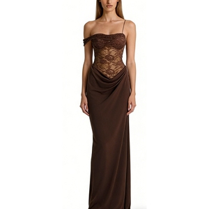 เดรสยาวผู้หญิงแบบไหล่เดียว แต่งผ้าลูกไม้ คอร์เซ็ทซีทรู กระโปรงจับจีบ ชุดราตรีออกงาน แฟชั่น - Product Image 1