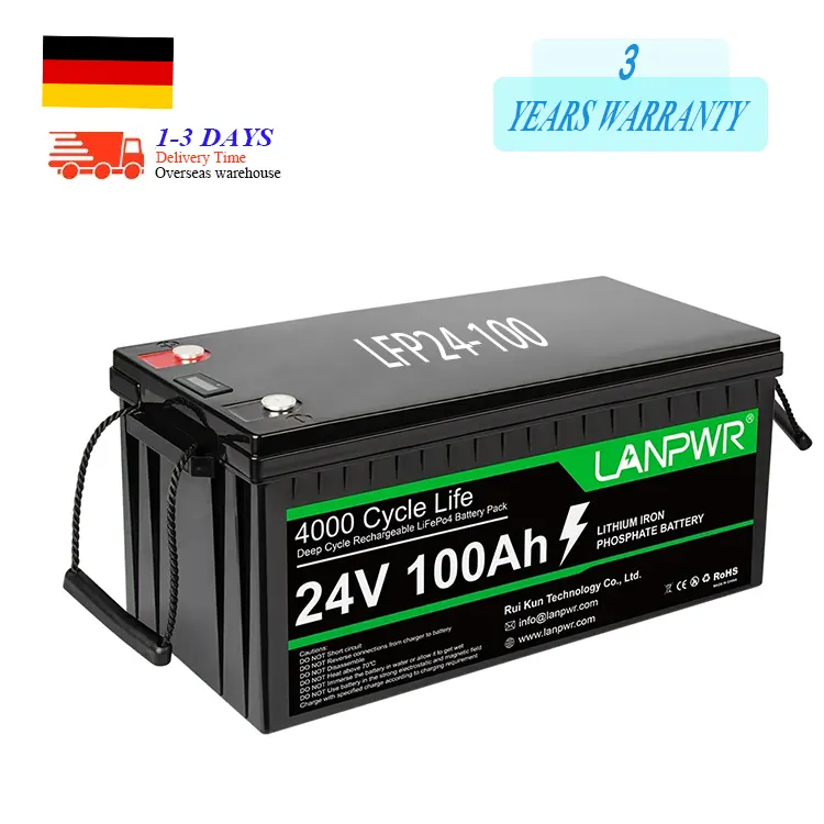 LANPWR 24V 100Ah Lifepo4 리튬 철 인산염 저장 배터리 제조업체 장기 수명 독일 창고