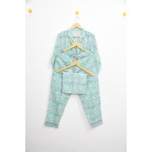 Classy <b>Green</b> Hand Block Printed Women Pajama Set Turn-Down Collar Three-Quarter Sleeve Button-Fly Sleepwear Summer - Product Image 3
