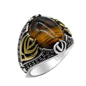 S925 Sterling Silver Natural Tiger Eye Big Stone Male Ring Turkey Retro Jewelry Men's ring