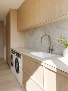 Armoire de cuisine minimaliste de style japonais CBMmart, finition en placage de chêne blanc avec <span class=keywords><strong>pierre</strong></span> naturelle Taj Mahal - Product Image 5