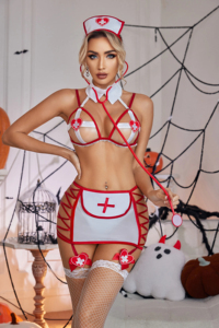 Set Costume da Infermiera per Halloween, Lingerie Sexy con Croce Rossa, Copricapo, Reggicalze, Rete Trasparente Bianca, Eco-Friendly, Sottile, per Giochi di Ruolo - Product Image 4