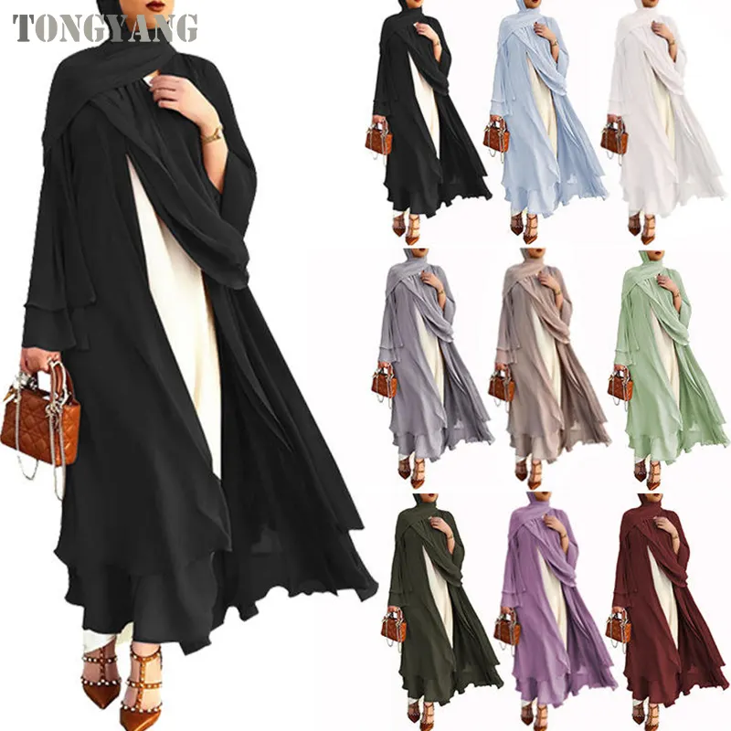 TONGYANG çift katmanlı Abaya başörtüsü Kimono Dubai Kaftan müslüman hırka Abayas elbiseler kadınlar Casual İslam giyim