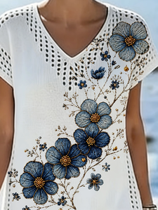 Vestido Midi de Punto Floral Azul para Mujer, Verano 2026, Cuello en V, Manga Corta, Malla Pointelle, 100% Poliéster, Estampado, Ropa de Resort - Product Image 6
