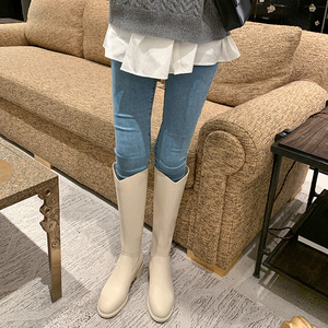 Women's White Leather <b>Knee</b> <b>High</b> Boots with Chunky Block Heel Round Toe Elegant Minimalist Casual Footwear - Product Image 3