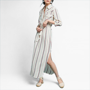 Factory custoze Women cotone cotone manica lunga con bottone frontale con spacco lungo lungo Maxi <span class=keywords><strong>abito</strong></span> camicia con cintura - Product Image 1