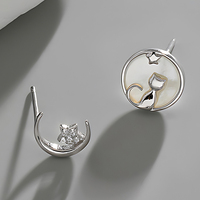 Boucles d'oreilles asymétriques mignonnes en forme de chat avec étoile et lune, avec coquillage et zircon pour femmes, bijoux fins personnalisés de créateur, vente en gros