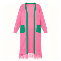 Cardigan en tricot pour femme grande taille, col en V long, blocs de couleur, bordure en tricot torsadé, poches plaquées, ourlet à franges, OEM ODM