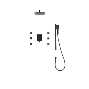 Ensemble de robinetterie de salle de bain mural moderne, système de douche à 6 jets, finition noir mat, construction en laiton rectangulaire - Product Image 1