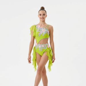 Traje de Danza Lírica Verde Lima con Pedrería Floral, Leotardo de Gimnasia Rítmica con Volantes de Malla, Atuendo de Competición de Danza del Vientre - Product Image 1