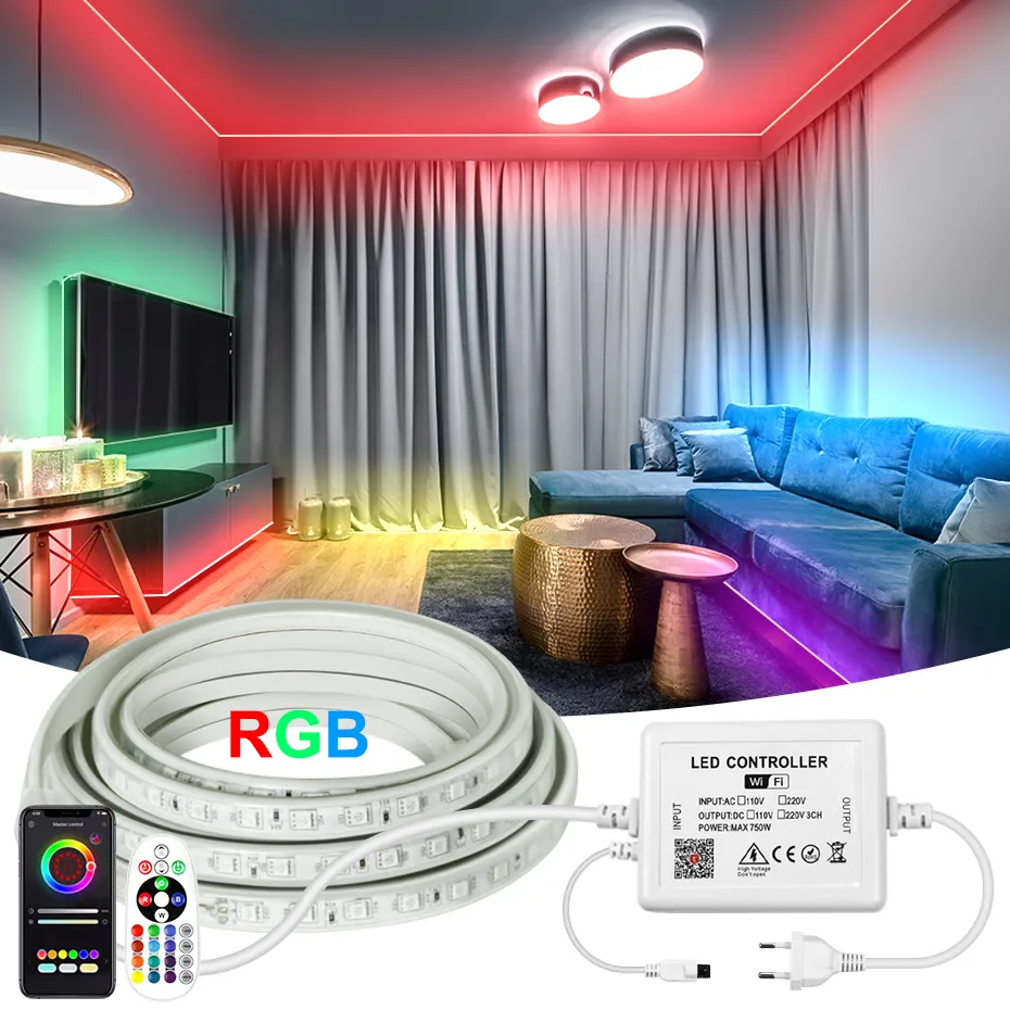 50m 100m Waterproof 110V 220V RGB Led Strip Lights Wifi Remote Flexible Led Tape 5050SMD RGBW Led Ribbon Outdoor Lighting