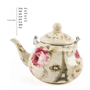 Чугунный чайник с романтическим парижским цветочным узором, ручкой из композитных материалов, грушевидной формы, с крышкой из стекла, пригодной для газовых и индукционных плит, экологичный. - Product Image 1