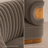 Canapé individuel de luxe sur mesure pour salon, couleur taupe, en velours haut de gamme, style Chesterfield olive.