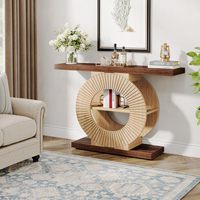 Table console à base ronde de 100 cm, table de salon moderne en bois avec étagères ouvertes pour la décoration du salon et du couloir