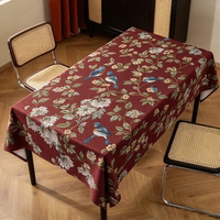 Nappe Jacquard Monet en Gros d'Usine, Nappe Rectangulaire Beige à Motifs Floraux et Oiseaux avec Pompons, Personnalisation OEM Disponible