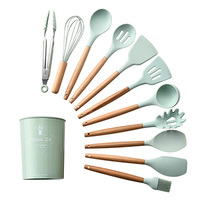 Ensemble d'ustensiles de cuisine en silicone antiadhésifs avec spatule et pelle, manche en bois, accessoires de cuisine écologiques
