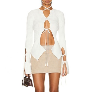 Maglieria bianca in <span class=keywords><strong>cotone</strong></span> autunnale personalizzata maglione corto donna Cut-out donna <span class=keywords><strong>Cardigan</strong></span> 2023 - Product Image 1