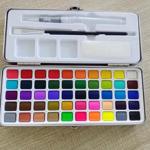 Glitter Metallic Solid Watercolor Paint Set 50 Tin Box With Water Brush And Nylon Hair Brush For Beginners