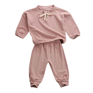 Ensemble décontracté à manches longues pour enfant, 2 pièces, haut surdimensionné avec cordon de serrage, <span class=keywords><strong>tenue</strong></span> avec nervures, printemps-automne - Product Image 4
