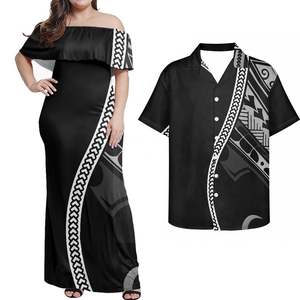 Vestito Lungo Elegante da Donna con Spalle Scoperte e Volant, Design Floreale Samoano 'Love U', Taglia 7XL, Personalizzabile - Product Image 3