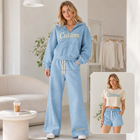 Ensemble deux pièces personnalisé pour femme, effet délavé, comprenant un sweat à capuche court zippé et un pantalon de survêtement large, bleu, vente en gros de sweats à capuche et de survêtements