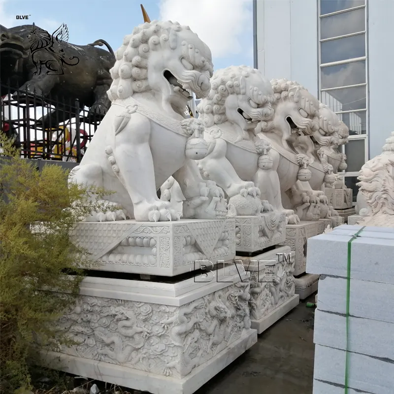 Dekoratif açık büyük mermer Foo köpekler taş aslan heykeli satılık