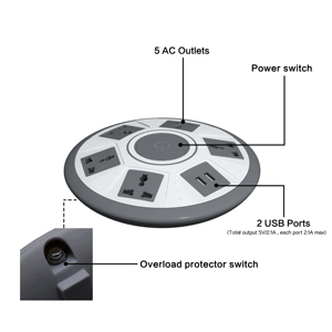 UFO phong cách vòng mở rộng ổ cắm 5 / 6 AC Ổ cắm điện 2 cổng USB 250V quá tải bảo vệ bảng điện - Product Image 3