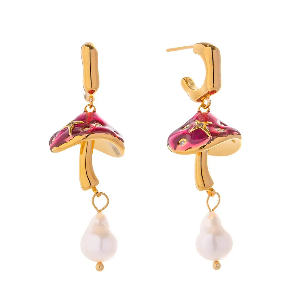 Cute Jewelry 14K Gold Plated Brass Freshwater Pearl Enamel Mushroom Long Drop Earrings for Women