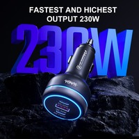 Cargador de Coche SUNDA con Anillo de Luz Azul, PD 3.0, Carga Rápida de 230W, 3 Puertos USB QC3.0, con Reloj Inteligente y Encendedor de Cigarrillos